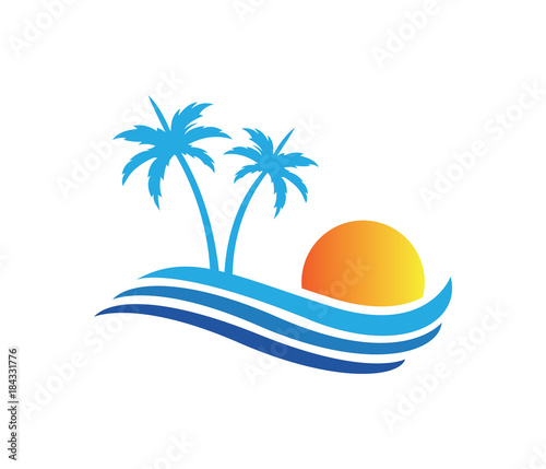 sun beach ocean wave palm coconut tree vector logo design