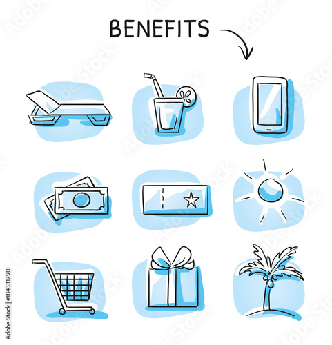 Set with benefits and bonus reward icons, holiday and shopping voucher, as money bills, gift, phone, palm and cart. Hand drawn sketch vector illustration, blue marker coloring on single blue tiles.