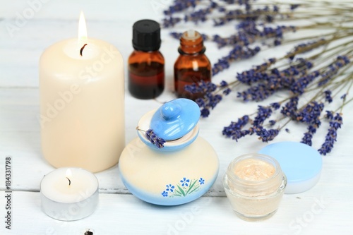 Lavender spa composition  beauty treatment  candle  cream  essential oil