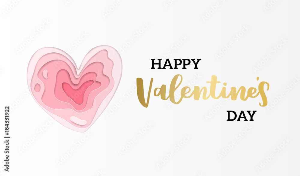 Vector greeting card for valenrines day. Modern papercut design. Romantic illustration with cutout multi layers of paper heart and lettering Happy Valentines Day. Vector greeting card for valenrines day. Modern papercut design. Romantic illustration with cutout multi layers of paper heart and lettering Happy Valentines Day.