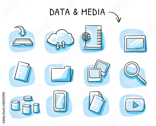 Set with file sharing icons, as cloud, file folder, data blocks, papers, photos, server and mobile devices. Hand drawn sketch vector illustration, blue marker style coloring on single blue tiles.