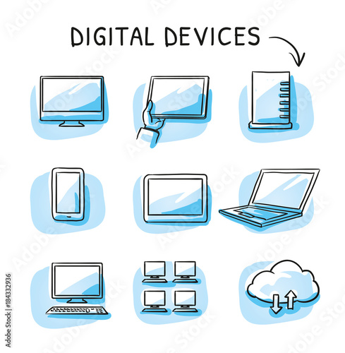 Set with different computer and mobile device icons as phone, tablet, laptop, server, desktop, cloud. Hand drawn sketch vector illustration, blue marker style coloring on single blue tiles. 