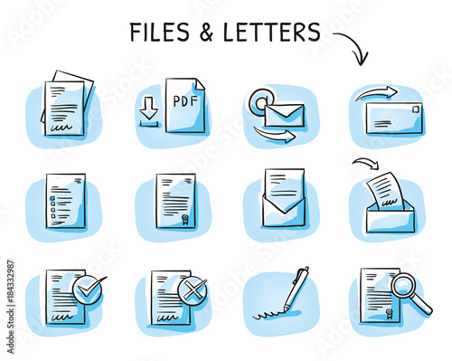 Set with files and paper icons as checklist, form, application, contract, PDF, certificate and signature. Hand drawn sketch vector illustration, blue marker style coloring on single blue tiles. 