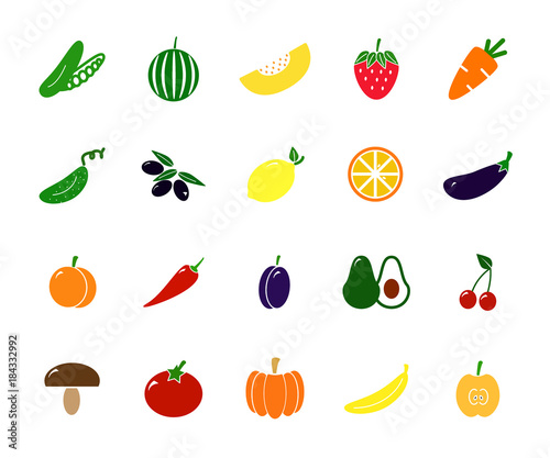 Fototapeta Naklejka Na Ścianę i Meble -  Set of colored vegetable icons. Tomato, eggplant, apple, lemon, cucumber, strawberry and more.