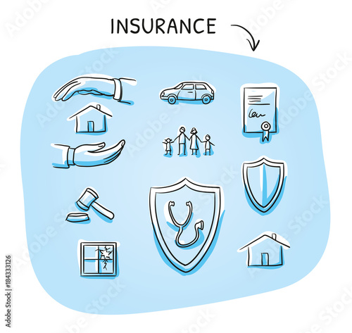 Set with different insurance icons, as car, health, legal, liability, family, life, and house. Hand drawn sketch vector illustration, blue marker style coloring on single blue background.