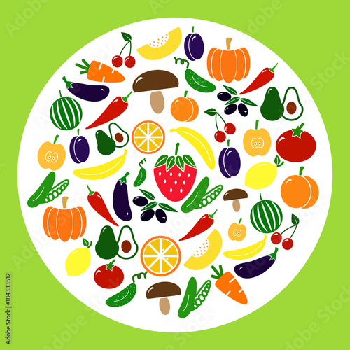 Fototapeta Naklejka Na Ścianę i Meble -  Set of colored vegetable icons. Circle with tomato, eggplant, apple, lemon, cucumber, strawberry and more.