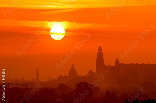 Krakow  Poland  Wawel castle silhouette at sunrise