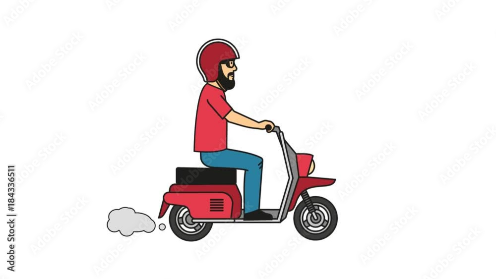 Hipster with beard in red T-shirt and helmet riding a motor scooter. Looped animation with alpha channel. Hipster with beard in red T-shirt and helmet riding a motor scooter. Looped animation with alpha channel.