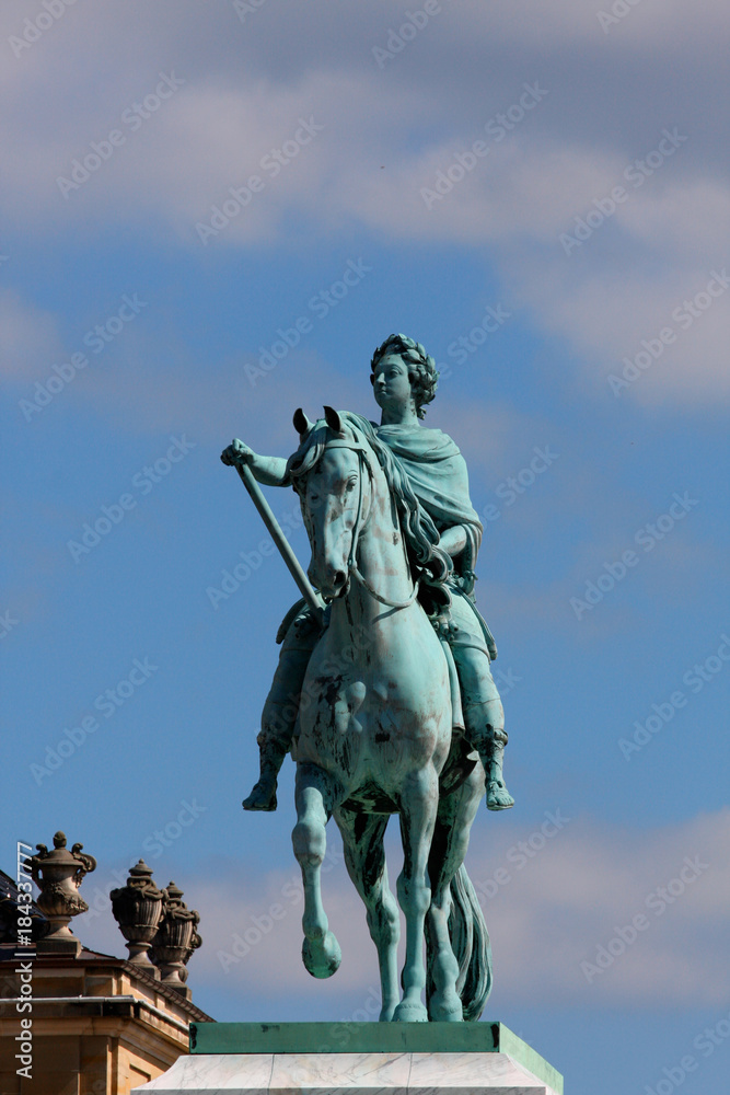 Statue of Frederick V by Jacques Franancis Joseph Saly at the centre of the Amalienborg Palace Square in Copenhagen, Denmark