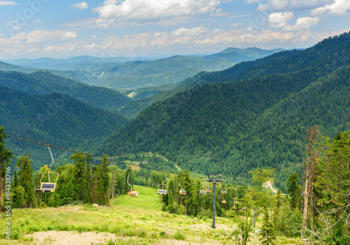 View from Kokuya Mountain and Chairlift ski lift. Altai Republic. Russia