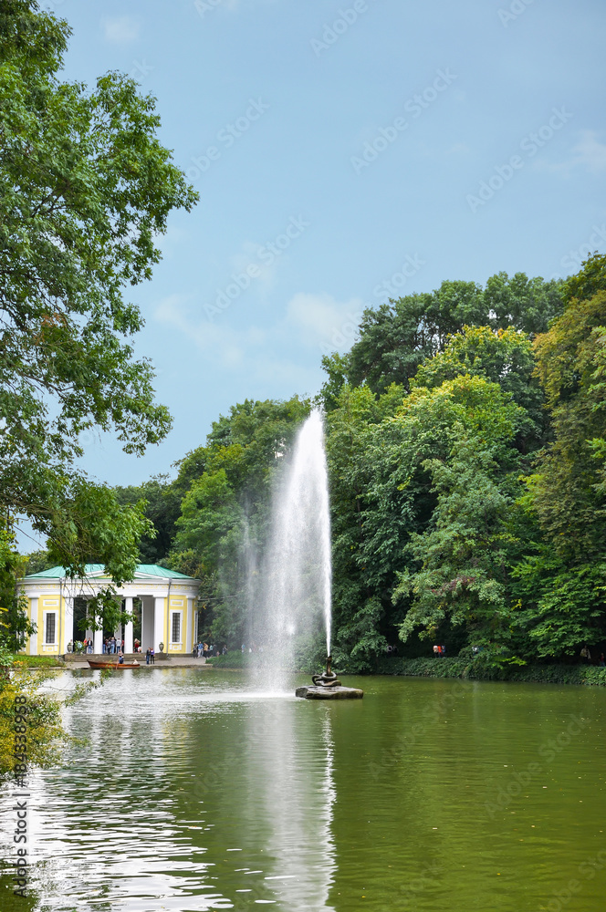 Beautiful landscape, Fountain Snake and Flora Pavilion on background, in the National Arboretum Sofiyivka in Uman, Ukraine