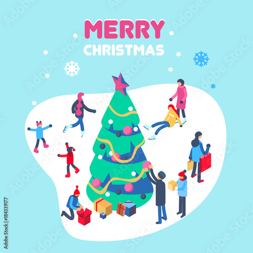 Happy new year and merry christmas card with winter outdoor leisure activities. People playing in snow, shopping, decorating christmass tree, ice skating, etc. Isometric vector illustration.