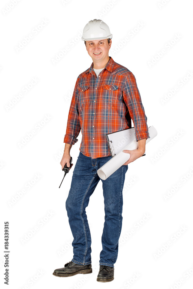 Full length portrait of a male builder in a helmet over white wall background. repair, construction, building, people and maintenance concept. Full length portrait of a male builder in a helmet over white wall background. repair, construction, building, people and maintenance concept.