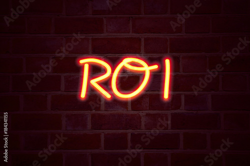 ROI neon sign on brick wall background. Fluorescent Neon tube Sign on brickwork Business concept for Return On Investment 3D rendered