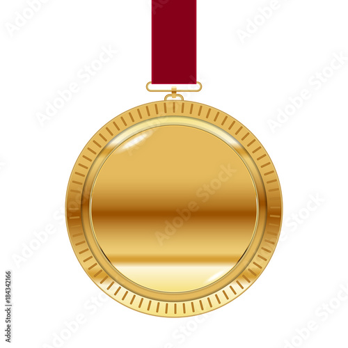 Gold medal on red ribbon isolated on white. Vector