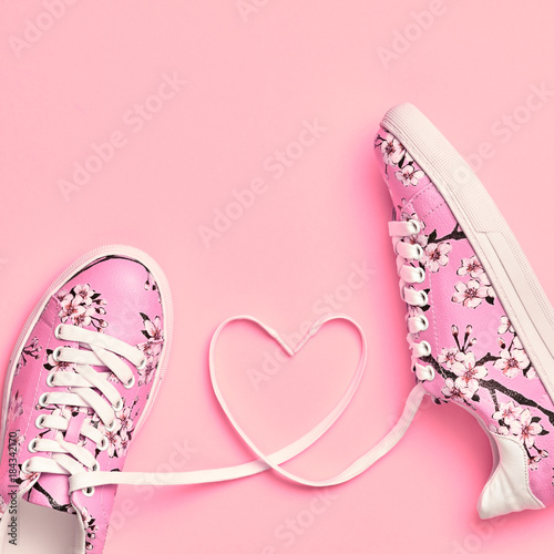 Fashion Trendy Trainers with Heart. Love, Hipster Set. Vanilla Pink Color. Minimal Style. Summer Floral Sneakers. Flat lay. Spring Girl. Art Design. Valentines day