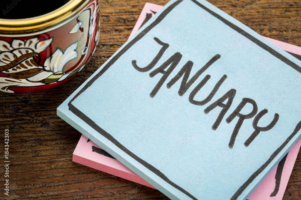 January, reminder note with coffee Stock Photo Adobe Stock