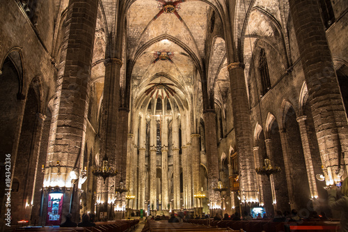 Photography Night panorama inside the gothic church of Santa Maria del Mar in the Ribera dis