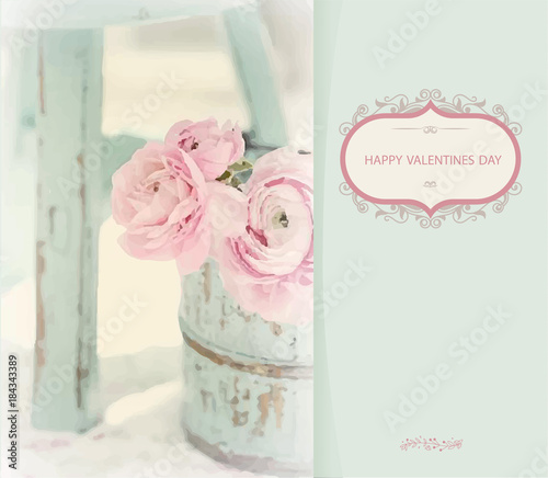 Greeting card with Valentine's Day with gently green background and pink roses.