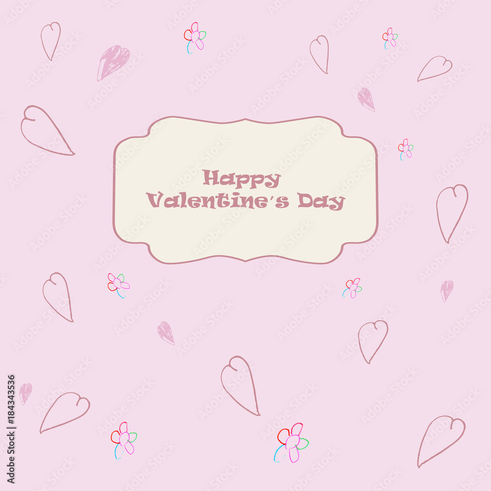 Greeting card Valentine's day with hearts and flowers drawn by a child. Greeting card Valentine's day with hearts and flowers drawn by a child.