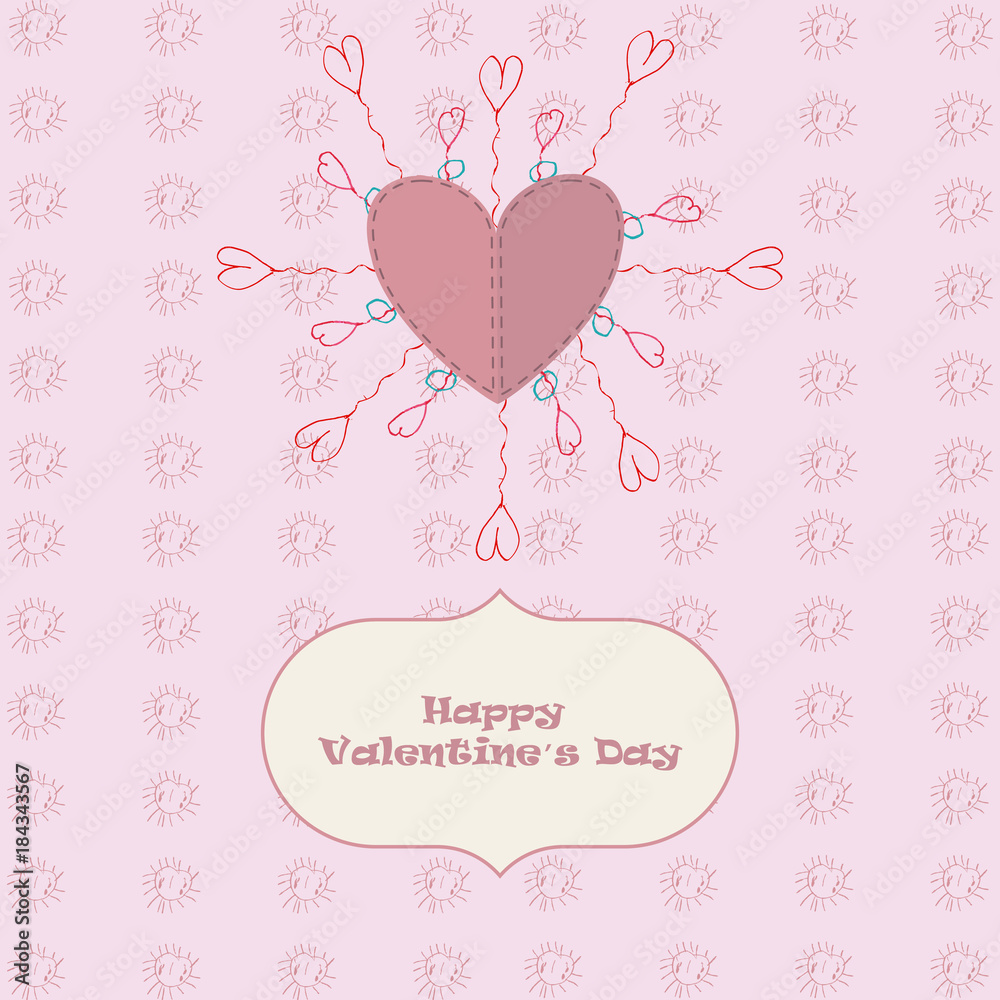 Greeting card Valentine's day with hearts in the form of balls and sun, drawn by a child. Greeting card Valentine's day with hearts in the form of balls and sun, drawn by a child.