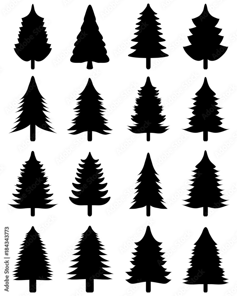 Set of black Christmas trees on a white background