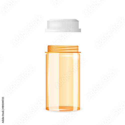 Open and empty pill bottle. Realistic vector illustration. Tablet, prescription,medicine, drug bottle isolated on the white background.