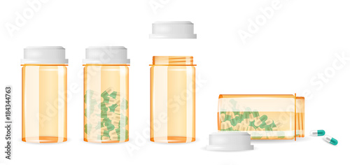 Set of closed and open pill bottles isolated on the white background. Realistic vector illustration. Medicine, prescription, drug bottles collection.