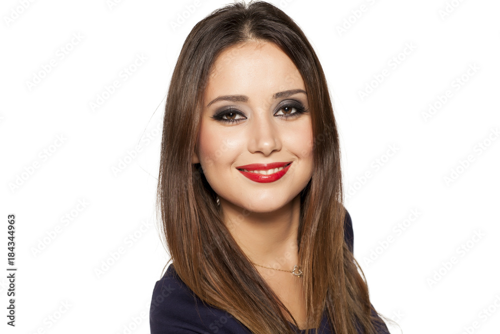 Portrait of beautiful smiling woman on white background Portrait of beautiful smiling woman on white background