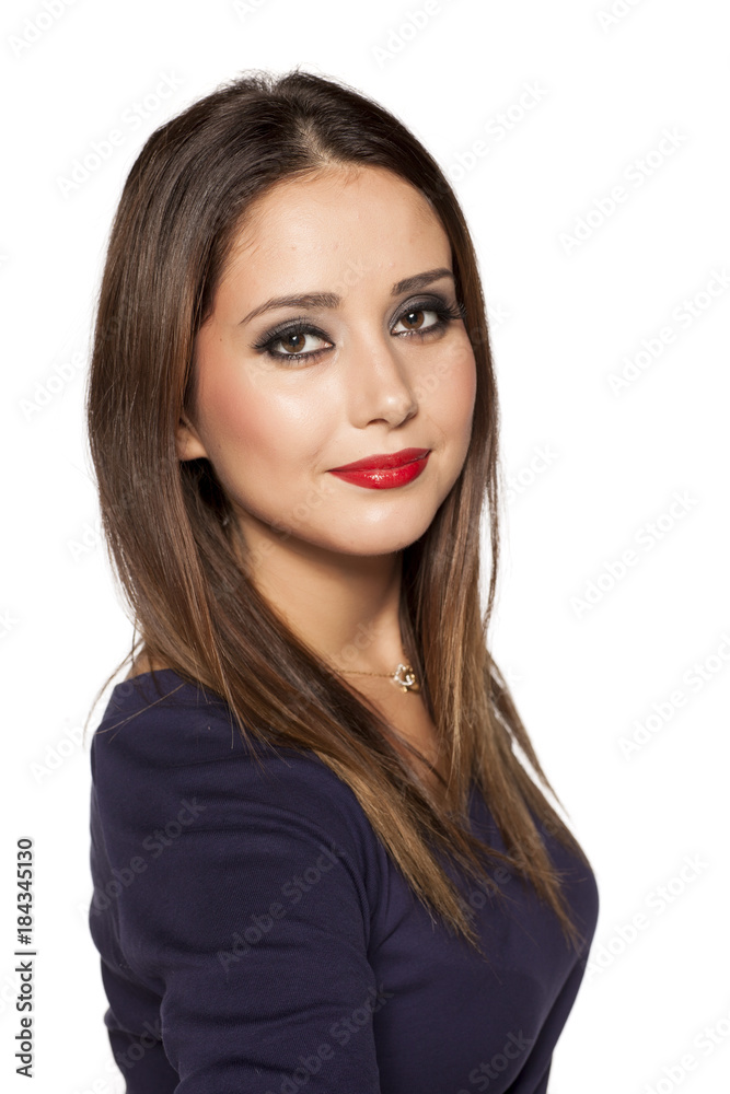 Portrait of beautiful young woman on white background