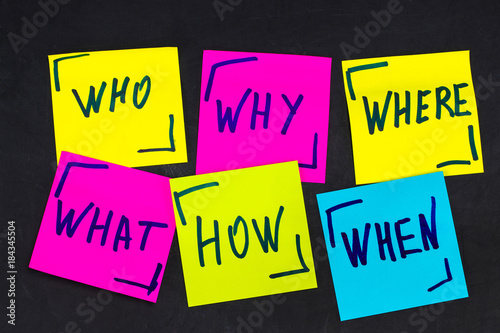  who, why, how, what, when and where questions - uncertainty, brainstorming or decision making concept, a set  colorful sticky notes on the blackBoard background