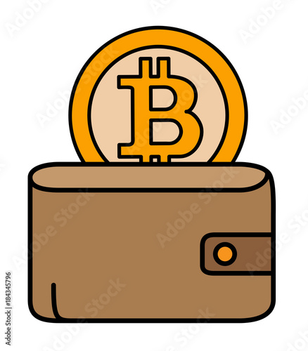 Bitcoin coin behind the leather wallet