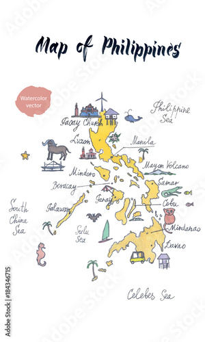 Map of attractions of Philippines, watercolor hand drawn, vector illustration