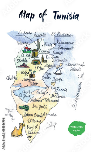 Map of attractions of Tunisia, watercolor hand drawn vector illustration