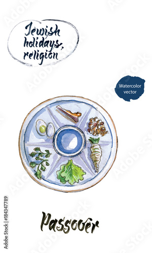Passover, Jewish holiday, watercolor hand drawn vector illustration