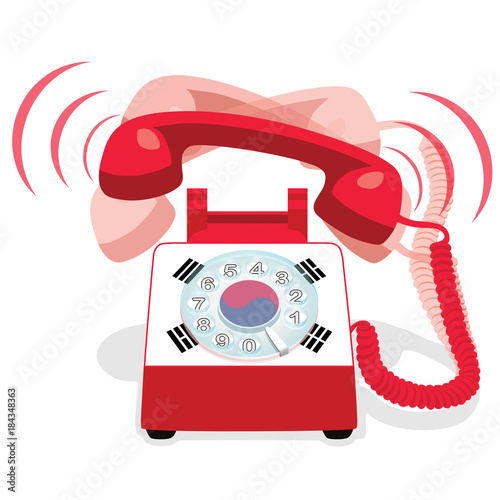 Ringing red stationary phone with rotary dial and with flag of South Korea