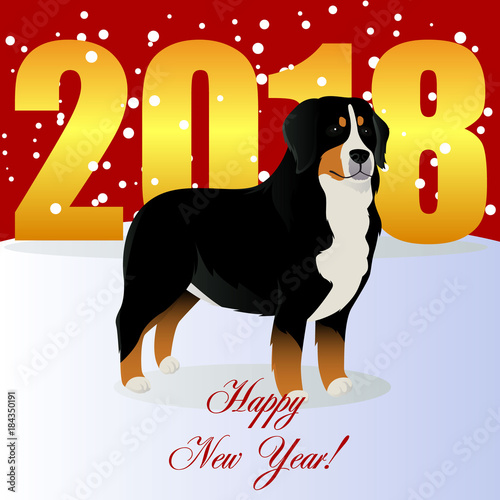 Happy new year card with Bernese mountain dog