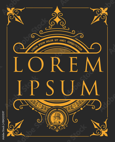 Label with baroque elements and heraldic shield.