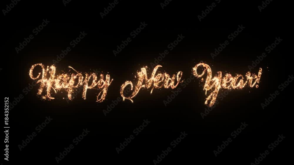 Happy New Year greeting text with particles and sparks on black background, beautiful typography magic design.