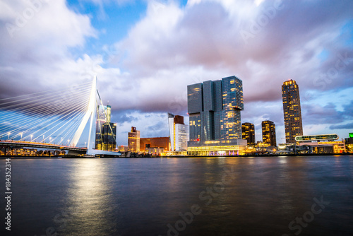 Rotterdam city after sunset  dramatic sky. Holland  Western Europe