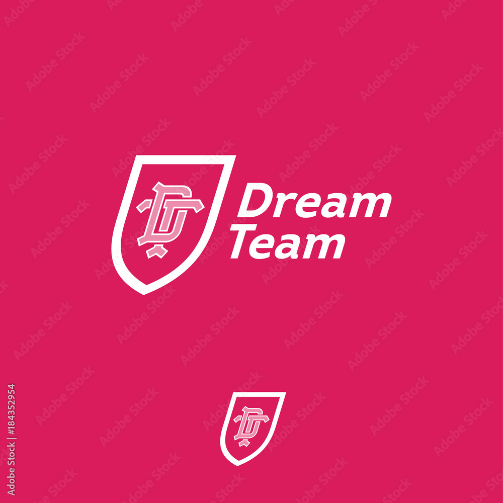  Dream team logo. Sport or business team emblem. D letter and T letter in the shield.