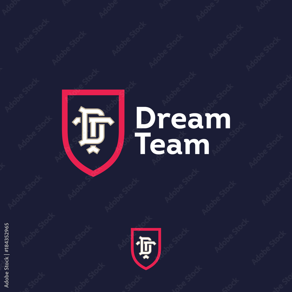 Dream team logo. Sport or business team emblem. D letter and T letter in the red shield.