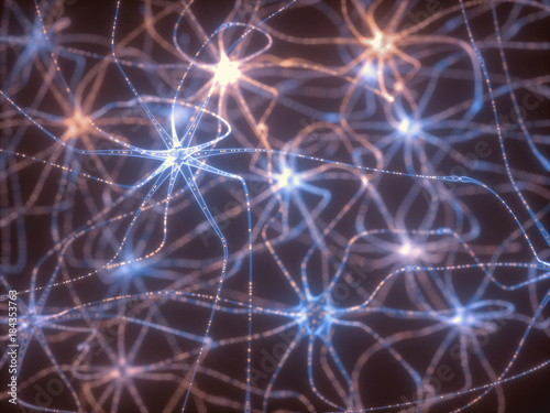 3D illustration of Interconnected neurons with electrical pulses.