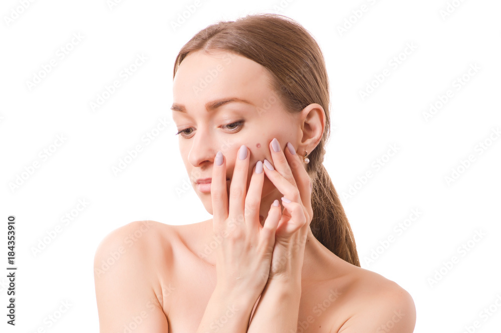 Beautiful young woman beauty face pressing pimple Beautiful young woman beauty face pressing pimple