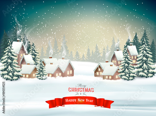 Holiday Christmas background with a winter village and  trees. Vector.