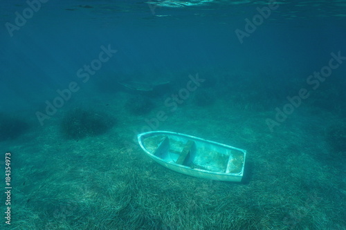 фотографія Underwater small sunken boat on the seabed, Mediterranean sea, Catalonia, Costa