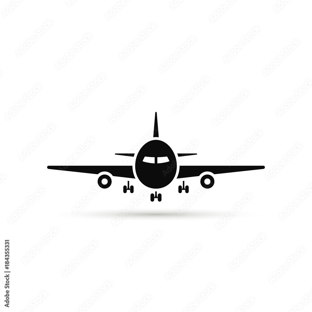 Airplane Icon front view in flat style, Vector plane simple black  silhouette on white background Stock Vector | Adobe Stock