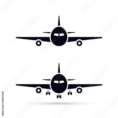 Plane Icon set in flat style, Vector airplane simple black silhouette on white background