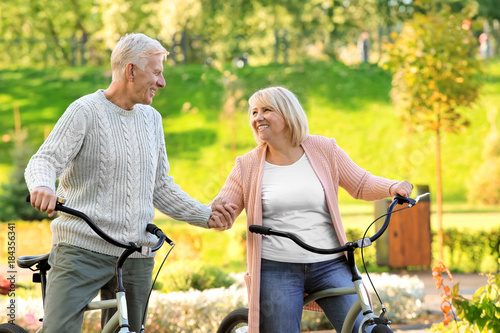 Cute elderly couple with bicycles in autumn park