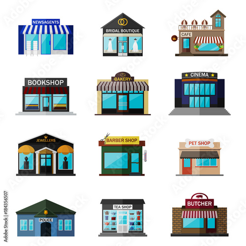 Different shops, buildings and stores flat icon set isolated on white. Includes newsagents, bridal boutique, cafe, bookshop, bakery, cinema, jewellers, barber shop, pet shop, police, tea shop, butcher